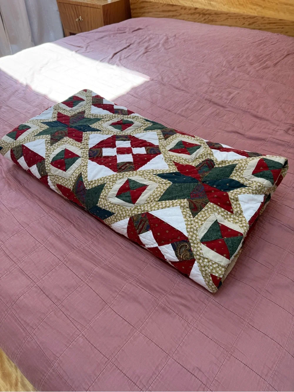Handmade Red, Green and Cream Patchwork Quilt - Home Bedding